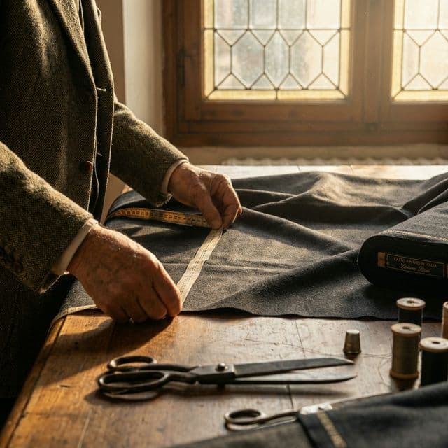 Master tailor measuring fabric